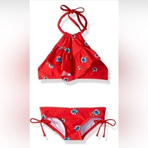 Girls' Morgan Ruffle Halter Bikini 2-Piece Swimsuit, Red Floral